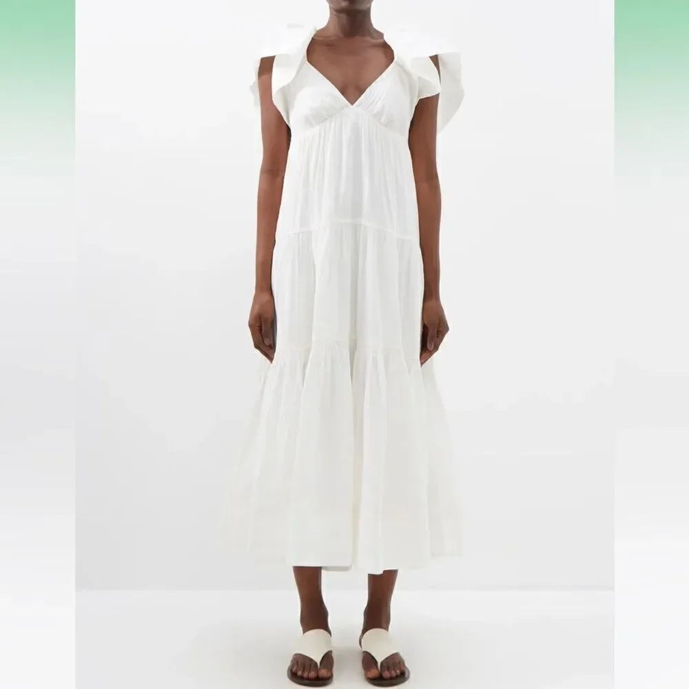 LA LIGNE Stella Ruffle Shoulder Open Back Linen Blend Midi Dress, Ivory S